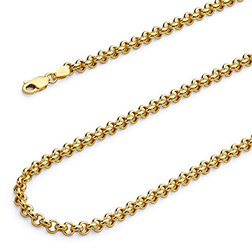 14k REAL Yellow Gold Hollow 2.5mm Classic Rolo Chain Bracelet with Lobster Claw Clasp - 7.5"
