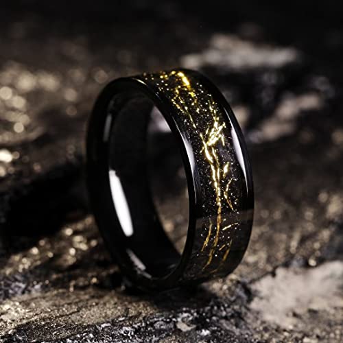 King Will 8mm Tungsten Carbide Ring for Men Black Wedding Band Sandstone Gold Foil Inlay High Polished-9.5