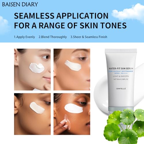 BAISEN DIARY Centella Sunscreen SPF 50 PA++++, Hyalu Cica Water-Fit Sun Serum, Lightweight Sunscreen with Centella Asiatica, Hydrating & Non-Greasy Sun Protection for Sensitive Skin