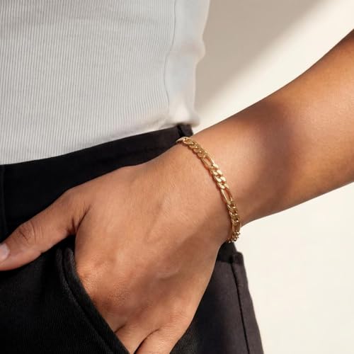 Porment 7mm Diamond-Cut Figaro Bracelet 14K Gold Link Bracelets Simple Trendy Non-tarnish Waterproof Gold Bracelets for Women and Men Fashion Accessories Jewelry Gift Unisex Lifetime Quality