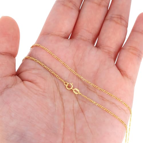 Nuragold 14k Real Yellow Gold Figaro Link 1.2mm Dainty Women Chain Necklace - 22"
