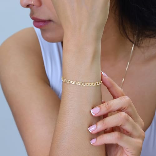 Nuragold 14k Real Yellow Gold Cuban Curb 4.5mm Pave Dia-Cut Chain Bracelet - 7"