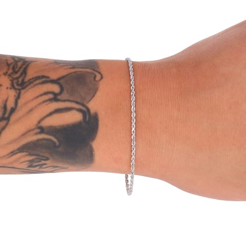 Nuragold 14k Real White Gold 2mm Rope Chain Diamond Cut Bracelet (7"-9") - 8.5"