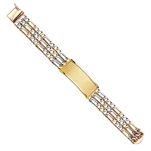 14k REAL Tri Color Gold Men's 3 Line Nugget Figaro Link ID Bracelet - 8.5"