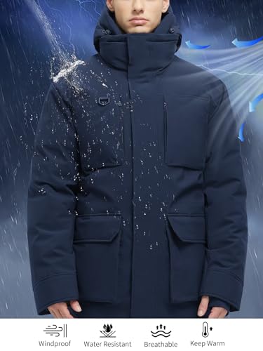 Rejork Long Winter Jackets for Men Faux Two-Piece Waterproof Parka Snow Warm Coats with Hood 2XL