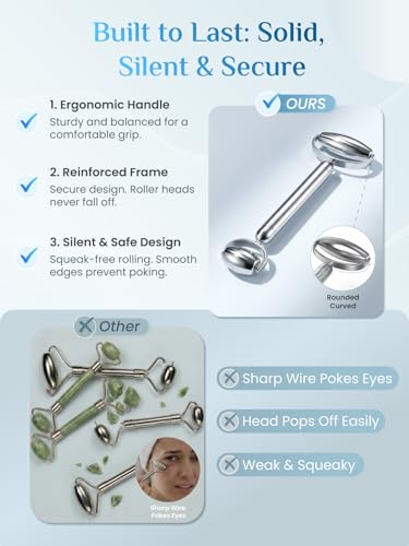 Rena Chris Gua Sha and Face Roller Set: Anti-Breakage Stainless Steel Roller for Long-Lasting Use, Jawline Sculpting and Puffiness Reducing, Gua Sha Facial Tools for Self Care Gift (Silver)
