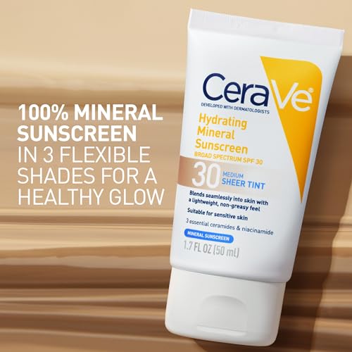 CeraVe Tinted Sunscreen for Face, Mineral SPF 30 Moisturizer, Medium, 1.7oz