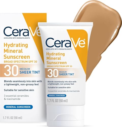 CeraVe Tinted Sunscreen for Face, Mineral SPF 30 Moisturizer, Medium, 1.7oz