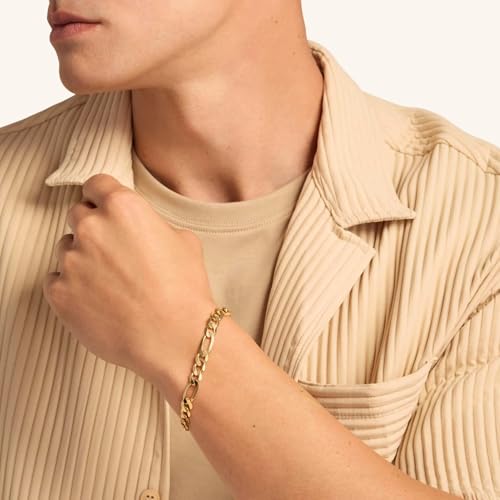Porment 7mm Diamond-Cut Figaro Bracelet 14K Gold Link Bracelets Simple Trendy Non-tarnish Waterproof Gold Bracelets for Women and Men Fashion Accessories Jewelry Gift Unisex Lifetime Quality