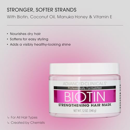 Advanced Clinicals Biotin Hair Treatment Anti-Breakage Repair Hair Mask. Strengthen Broken, Color-Treated Hair W/Repairing Deep Conditioner Manuka Honey & Caffeine, Hydrating Mask Restores Weak Hair