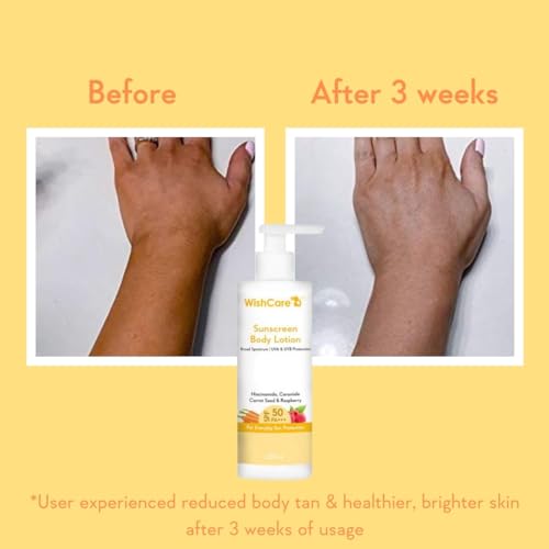 WishCare Sunscreen Body Lotion with SPF 50 PA+++ - Broad Spectrum UVA & UVB Protection, No White Cast, Enriched with Carrot Seed & Raspberry - Body Sunscreen Lotion 200ml (Indian Version)