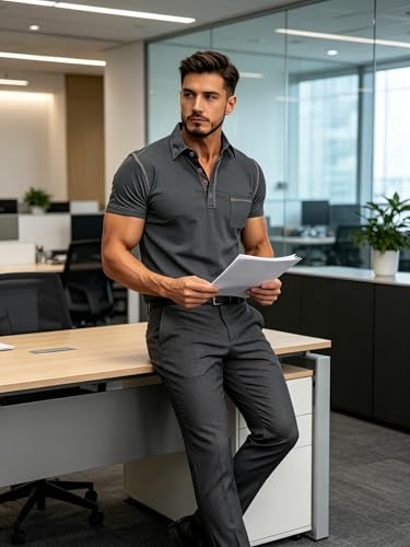Men's Fashion Polo Shirts Classic Short Sleeve Lightweight Button Cotton T-Shirt Casual Golf Tee Tops with Pocket