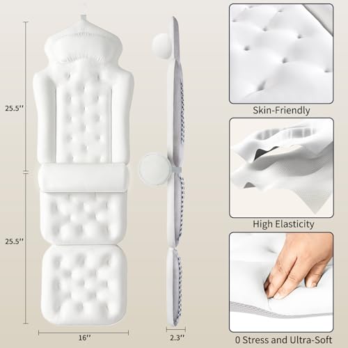 Full Body Bath Pillow for Tub, Thick Bathtub Cushion Mat with Neck, Back & Lumbar Support - Luxury Spa Bathroom Accessories, White