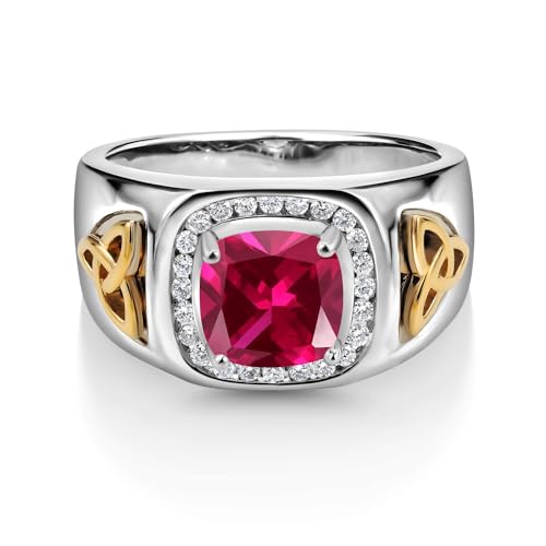 Gem Stone King Two-Tone Cushion Cut Ring for Men | Created Ruby | 9
