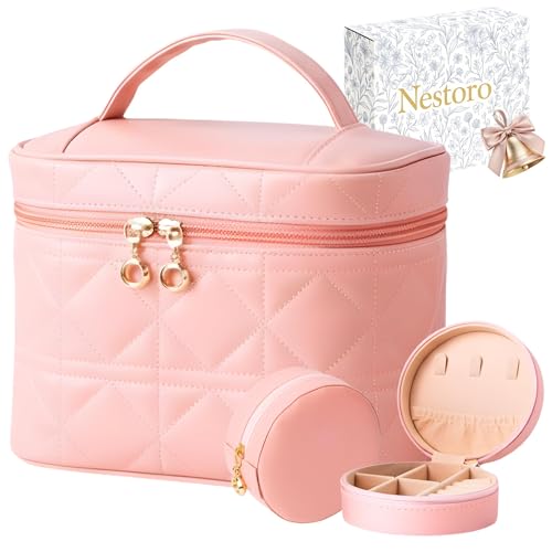 NESTORO Makeup Bag with Jewelry Case Set, Pink Quilted PU Leather with Handle, Gold Zipper
