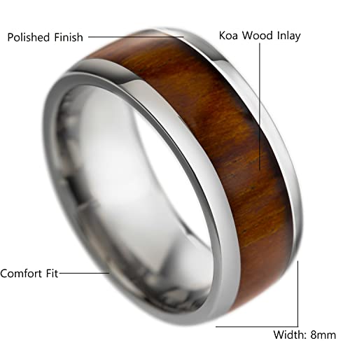 Tungsten Carbide Genuine Natural Hawaiian Koa Wood Tree Inlay Comfort Fit Ring 8mm 6mm 4mm Wedding Band Dome Style High Polished Finish with Gift Box Included (8mm Tungsten, 10)