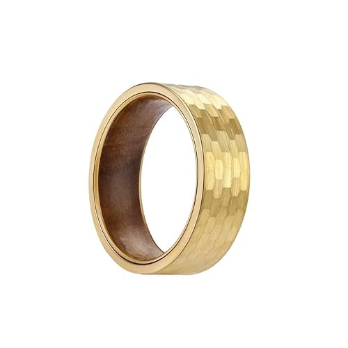 14K Gold Ring Wood and Tungsten Rings for Men Hammered Wood Wedding Band Comfort Fit Unique Viking Wooden Rings