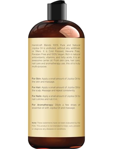 Handcraft Blends Jojoba Oil | 100% Pure and Natural | Ayurvedic Skin Care | Premium Grade Carrier Oil | Face | Skin | Hair | Massage | Cold-Pressed | Hexane-Free | 16 Fl Oz