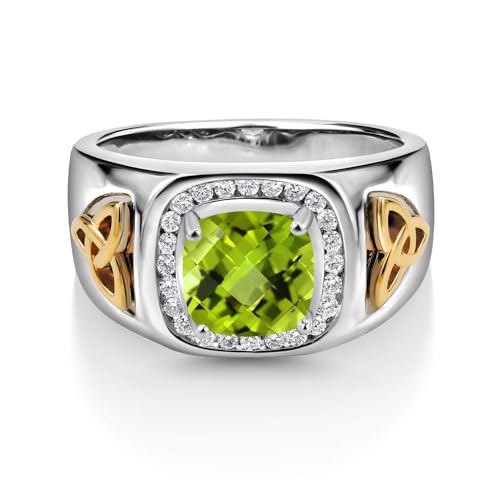 Gem Stone King Two-Tone Cushion Cut Ring for Men | CHK Peridot | 11