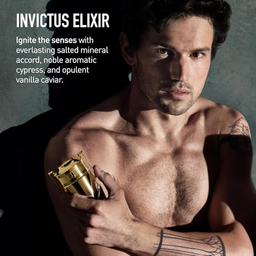 Rabanne Invictus Elixir Parfum for Men - Long Lasting Ambery Aromatic Cologne with Salted Mineral Accord, Aromatic Cypress & Vanilla Caviar - Golden Trophy Bottle French Fragrance Spray, 1.7 oz