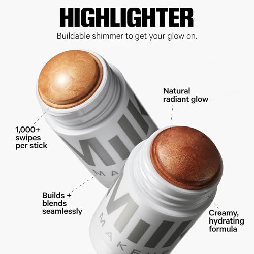 Milk Makeup Bronzer, Blush + Highlighter Full Size Trio – Bronzer in Baked .19oz, Cream Blush + Lip Color in Werk (Dusty Rose) .21oz + Highlighter Stick in Lit (Champagne) .21oz – Hydrating Formulas