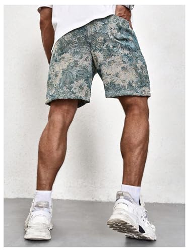 GORGLITTER Men's Floral Embroidery Drawstring Shorts Graphic Paisley Casual Gym Shorts Blue Medium