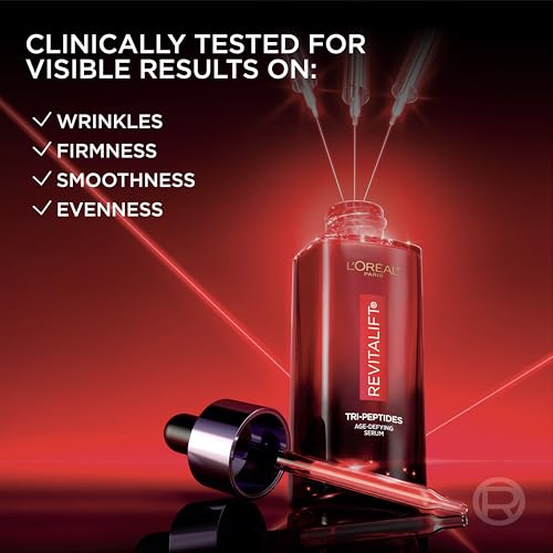 L'Oreal Paris Revitalift Triple Power Face Serum with Tri-Peptides, Hyaluronic Acid and Vitamin C, Anti Aging, Anti Wrinkle Serum to Firm and Brighten, 1 FL oz, + Sample