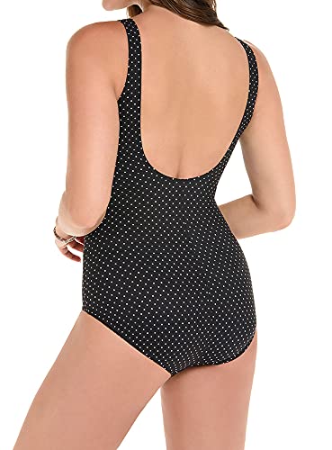 Miraclesuit Women's Swimwear Pin Point Oceanus Tummy Control V-Neckline One Piece Swimsuit, Black/White, 12
