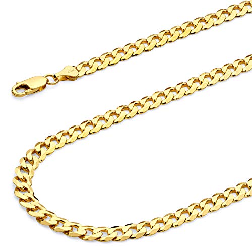 14k REAL Yellow Gold Solid Men's 6mm Flat Cuban Bevellet Chain Necklace with Lobster Claw Clasp - 24"
