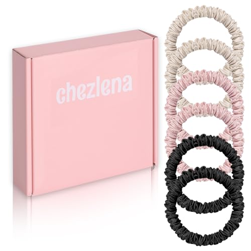 chezlena100% Silk Scrunchies for Women -No Crease & No Damage Hair Ties | Reduces Frizz, Gentle Elastic,Blackpinkchampagne, Pack of 6