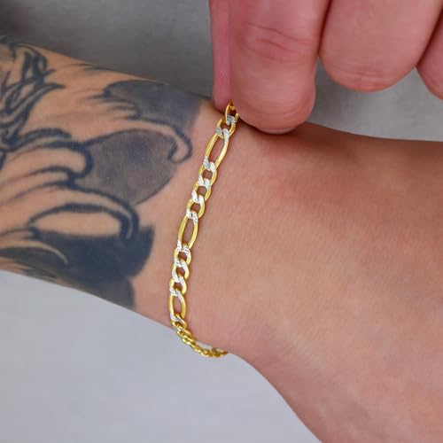 Nuragold 10k Real Yellow Gold Figaro Link Pave Diamond Cut Chain Bracelet - 4.5mm,7"