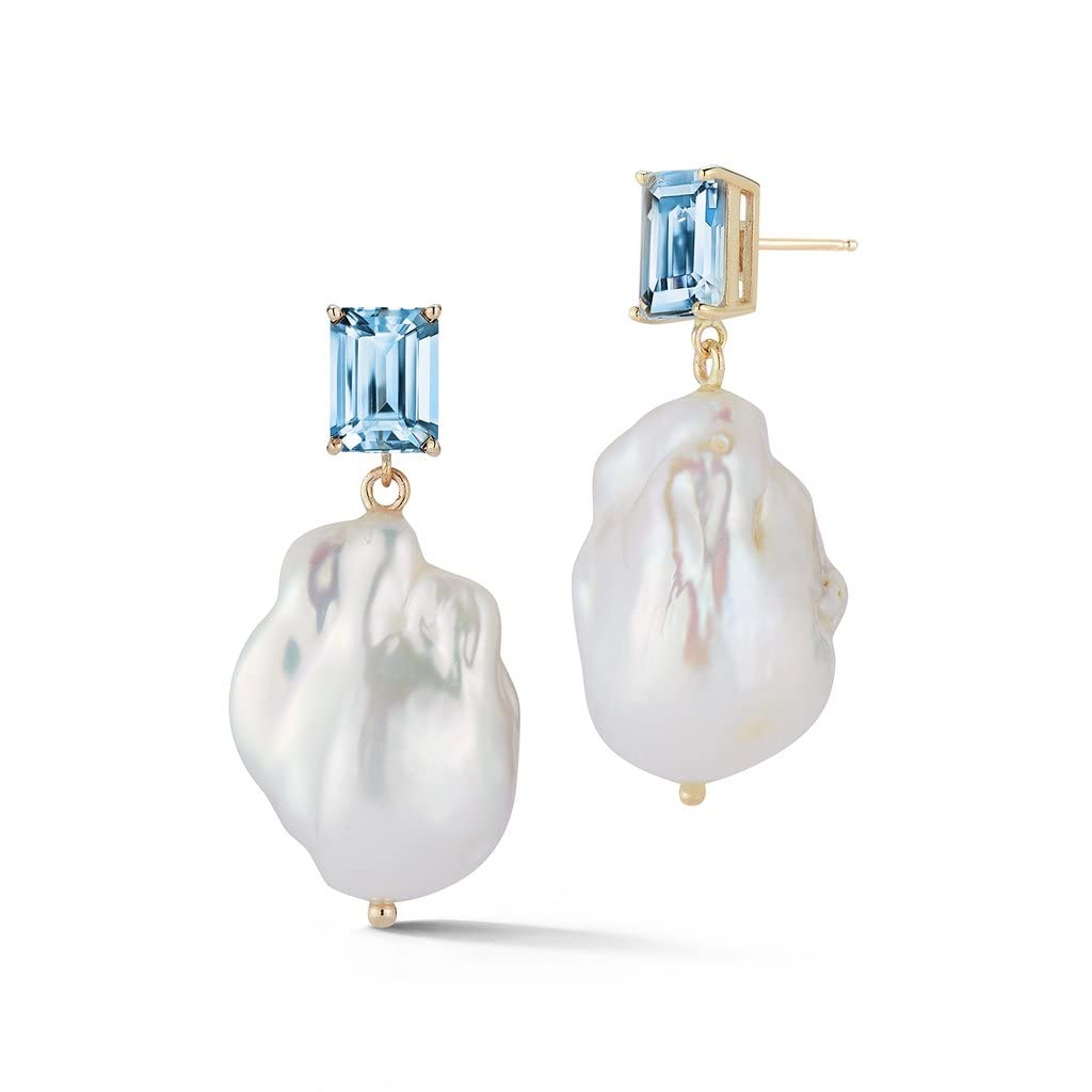Mateo New York,Yellow Gold Blue Topaz And Baroque Pearl Drop Earrings