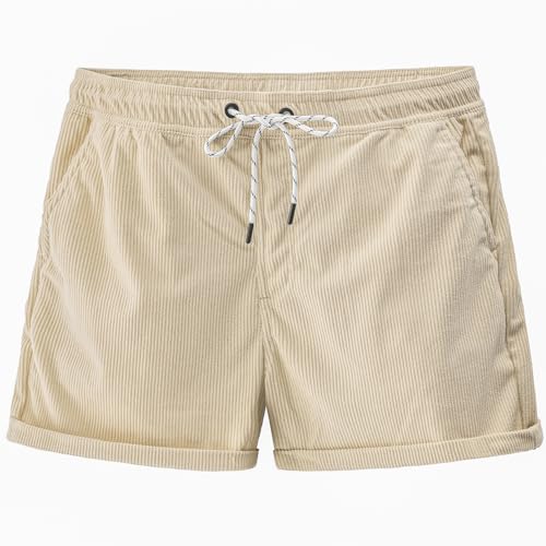 JOTOOK Men's Casual Drawstring Corduroy Shorts Elastic Waist Summer Shorts with Pocket Small Beige