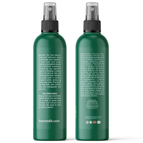 KESMEDIK Tea Tree Oil Leave-In Conditioner Treatment & Detangler Spray for Flaky Itchy Scalp Care, Anti Thinning Formula with Biotin for Soft, Healthy-Looking Hair, Sulfate-Free, Men & Women