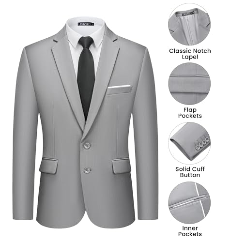 WULFUL Men's 2 Piece Suits Slim Fit Two Button Blazer Jacket Pants Set for Party,Wedding and Business Light Gray