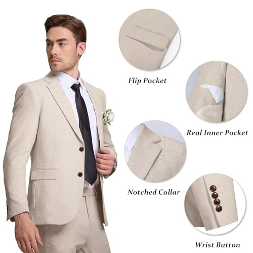 Aowdoy Men's 2 Piece Beige Linen Suits Slim Fit Casual Summer Beach Wedding Dress Prom Suit Blazer Jacket and Pants Beige M