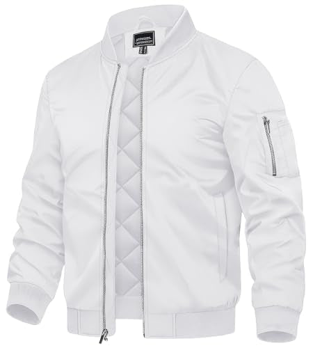 TACVASEN Mens Bomber Jackets Winter Men's Water Resistant Jacket and Coat Mens Casual Windbreaker Jacket Men's Coats White