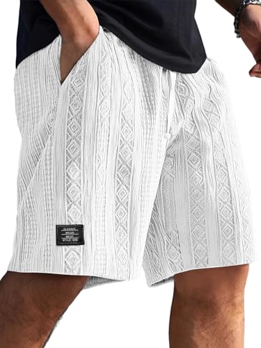 LOVESHOOT Shorts for Men Casual Summer Drawstring Elastic Waist Beach Short Loose Fit Jacquard Texture with Side Pockets White L