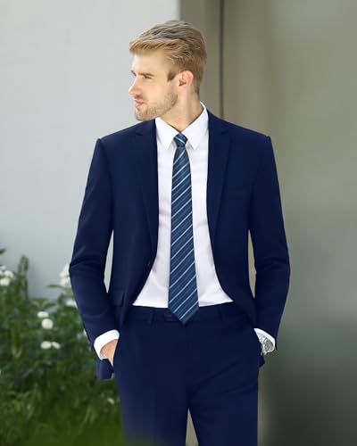 Cooper & Nelson Men's Suit 2 Piece Set, One Button Slim Fit Tuxedo with Jacket Pants Tie for Wedding, Business, Prom Navy Blue L