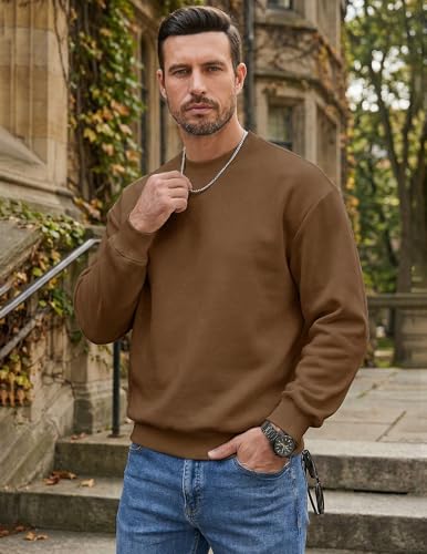 JMIERR Men's Casual Fleece Long Sleeves Crewneck Essential Sweatshirts Thick Cotton Pullover Sweatshirt for Men, Large, Brown