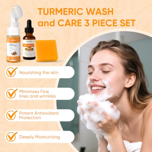 Turmeric Face Wash Set, Turmeric Facial Cleanser & Turmeric Soap Bar & Oil