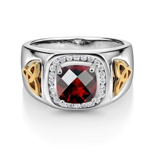 Gem Stone King Men's 925 Silver and 10K Yellow Gold Red Garnet and Lab Grown Diamond Ring | 2.76 Cttw | Cushion Checkerboard 8MM | Gemstone Birthstone | Size 11