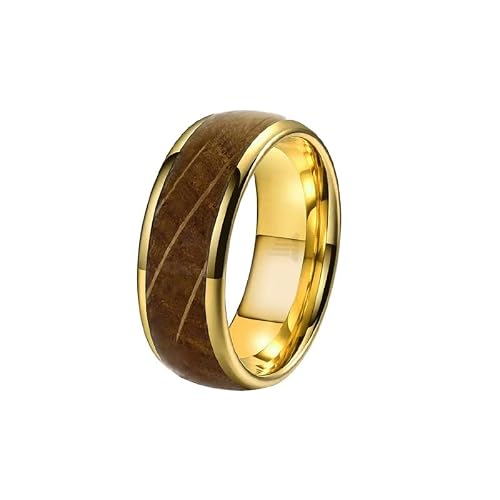 Pillar Styles 14K Gold Whiskey Barrel Wedding Bands, Rustic Elegance Bourbon Barrel Rings, Unisex Comfort Fit, 8mm Gold Tungsten & Wood Inlay for Him