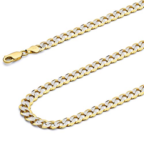14k REAL Two Tone Gold 4.5mm Bevelled Hollow Cuban Curb White Pave Chain Bracelet with Lobster Claw Clasp - 7.5"