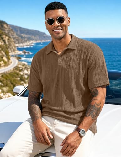JMIERR Polo Shirts for Men Classic Fit Short Sleeve Loose Casual Soft Button Old Money Textured Cable Knit Shirt Quiet Luxury Clothes, XL, Khaki