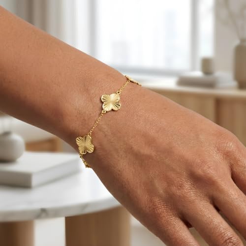 Floreo 14k Yellow Gold 14.5mm Radiating Clover Charm Cable Link Bracelet, Adjustable 6.5" - 7.25 Inch