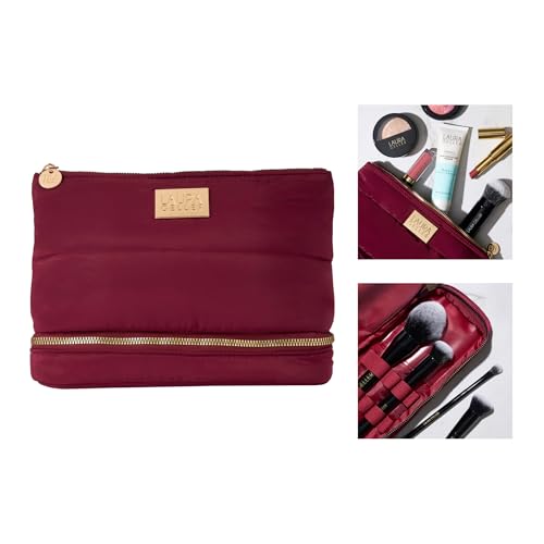LAURA GELLER NEW YORK Quilted Makeup Bag with Brush Case, Burgundy - Toiletry Bag Organizer for Travel - Large Capacity Full Size Makeup Bag - Easy to Clean