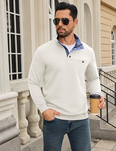 URRU Quilted Sweatshirts for Men Contrast Stand Collar Casual Quarter Button Long Sleeve Cotton Pullover Sweater White XXL