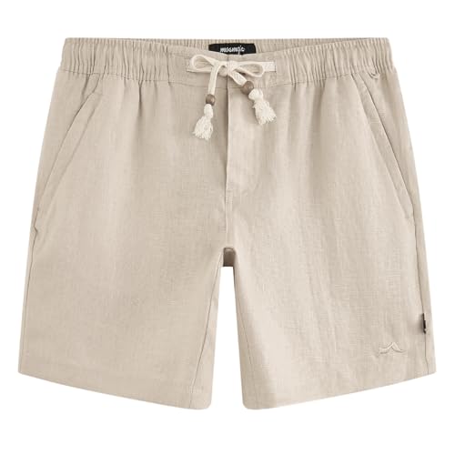 maamgic Mens 100% Linen Shorts Casual Drawstring Elastic Waist, Breathable Summer Shorts for Men Beach Vacation with Pockets Light Khaki