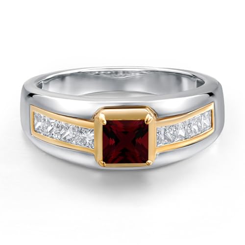 Gem Stone King Princess Cut Ring For Men | 5MM Princess Cut Gemstone Birthstone and 2.4MM Round Lab Grown Diamond | 925 Silver and 10K Yellow Gold | Available in Size 7-13